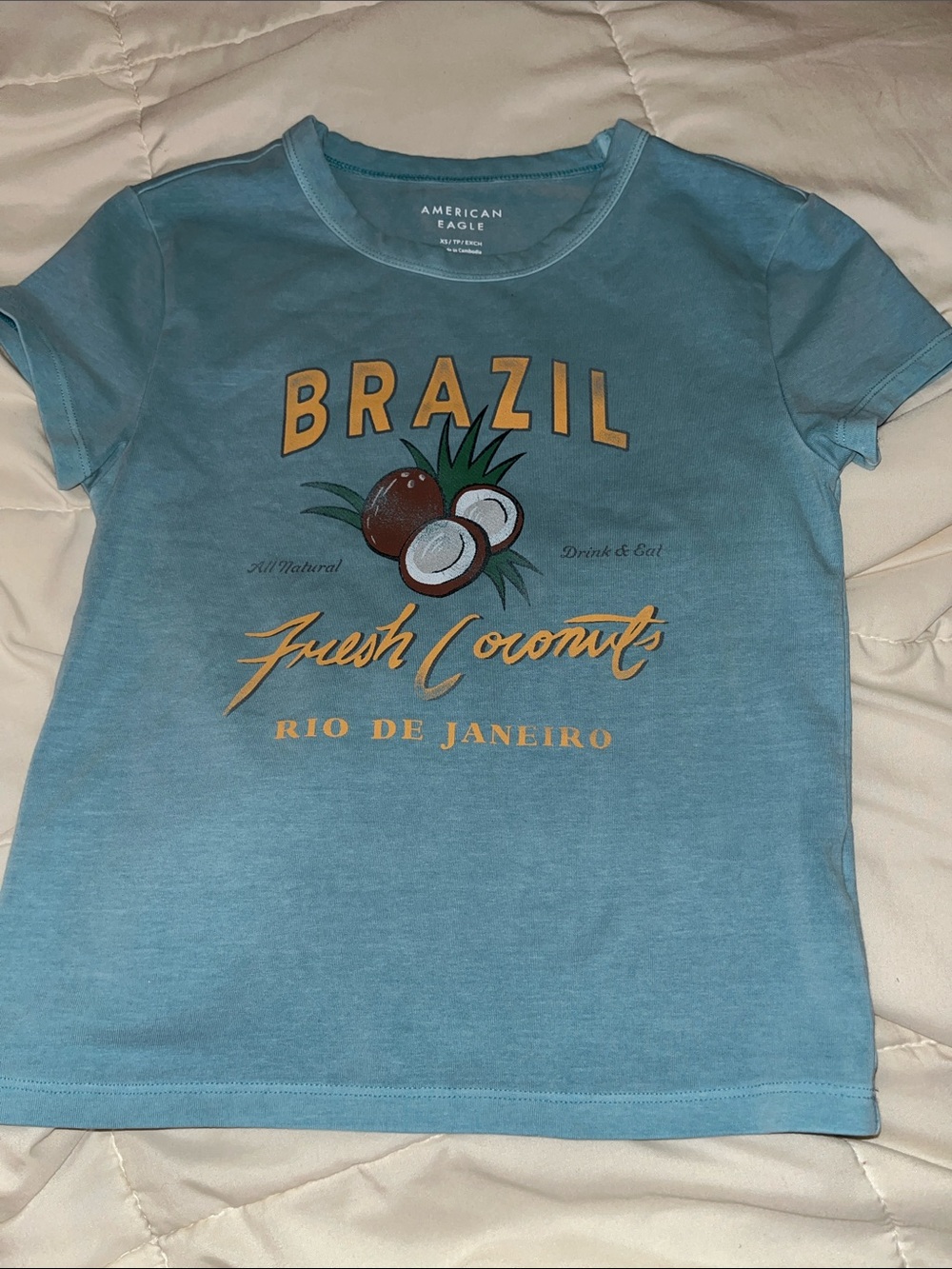 American Eagle Outfitters Light Blue 'Brazil Fresh Coconuts' Graphic Tee